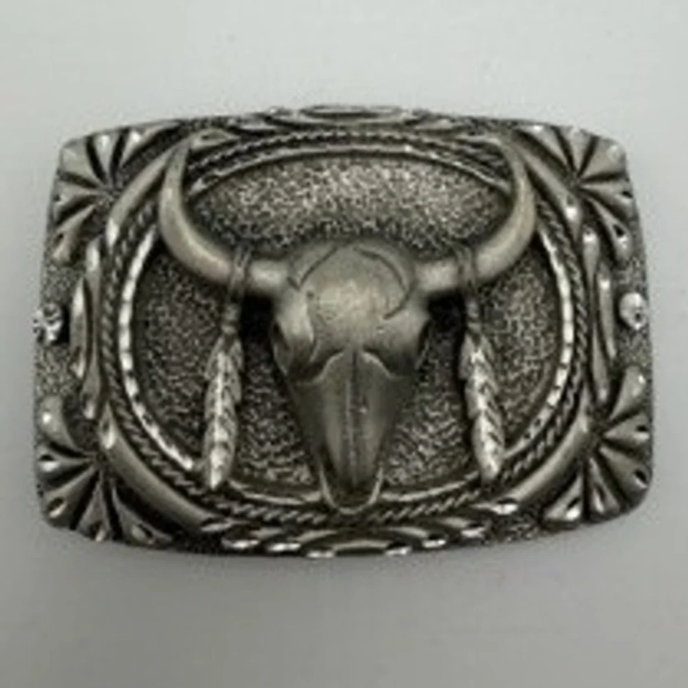 Vintage Silver-Tone Western Belt Buckle Longhorn Steer Skull Feather CowboyRodeo